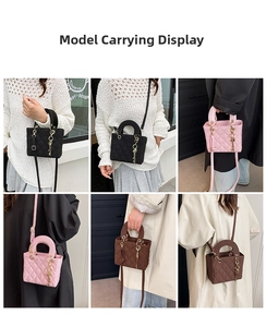 Multiple views of quilted mini crossbody bags in black, pink, and brown leather with gold ring