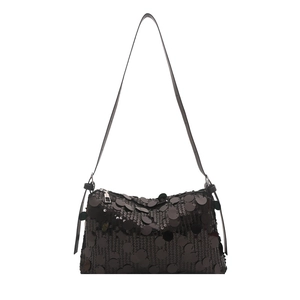 Elegant black sequin pillow shoulder bag with silver zipper and glossy reflective texture