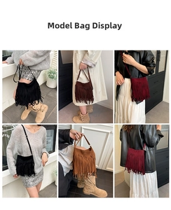 Multiple views of bohemian suede fringe crossbody bucket bags in four trendy colors
