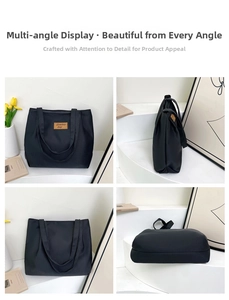 Detailed multi-angle views of a large black commuter tote bag with brown leather logo