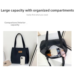 Detail view of large capacity canvas tote bag with internal compartments and leather label