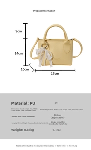 Size chart showing 17x14x10cm dimensions for yellow PU bucket bag with pearl bow