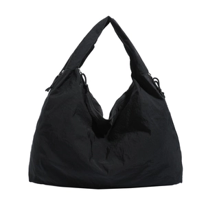 Black casual large capacity nylon tote bag with adjustable drawstring and wide shoulder strap