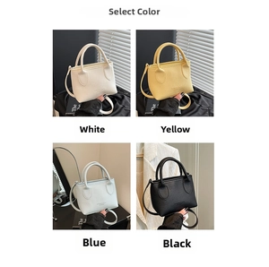 Litchi pattern leather handbags in white, yellow, blue, and black shown in a grid