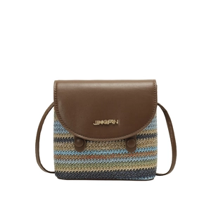 Rainbow striped woven crossbody bag with brown faux leather flap and gold JINGPIN logo