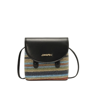 Rainbow woven straw bucket bag with black leather flap for summer beach vacation