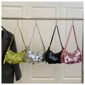 Detailed display of crescent hobo bags in four colors with shimmering sequin texture