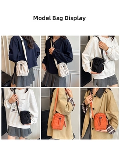 Photos de modèles portant les sacs seaux à cordon en tissu Oxford en trois coloris variés