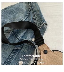 Detail of adjustable black nylon strap and button on khaki shoulder chest bag