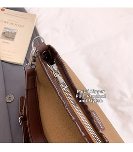 Detail of silver matte zipper closure and canvas texture on retro crossbody bag