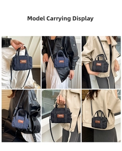 Collage of model wearing vintage denim mini handbag with crossbody strap and leather patch
