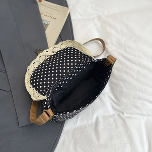Borsa a tracolla vintage in tela a pois con pizzo e tracolla marrone regolabile