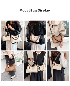 Detail shots of beige and brown retro crescent bags with beaded charms and leather trim