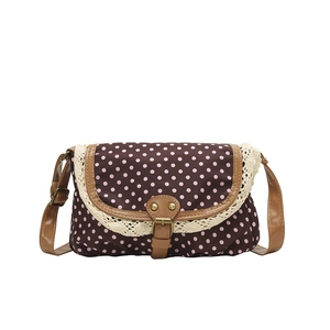 Vintage brown polka dot canvas crossbody bag with lace trim and retro metal buckle