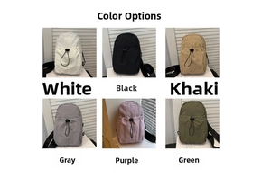 Detail view of nylon chest bags in six colors with adjustable drawstring closure and straps