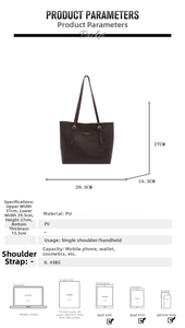 Specifiche dettagliate sulle dimensioni di una borsa tote retrò in pelle PU marrone scuro