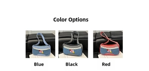Detailed comparison of plaid shoulder bags in blue, black, and red with cherry patches