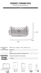Détails du sac argenté matelassé avec dimensions 21x11,5x6,5cm et étoiles brillantes