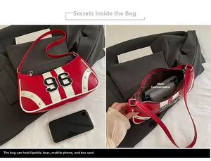 Detail view of red crescent bag showing internal capacity and size comparison with phone