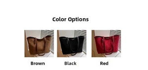 Detailed comparison of brown, black, and red suede tote bags with leather handles
