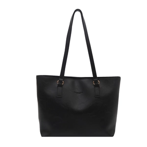 Minimalist black matte PU leather tote bag with large capacity and gold metal ring details