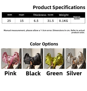 Size guide for sequin hobo bag showing 25x15x6.5cm dimensions in four colors