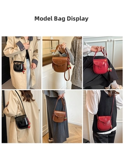 Three-color mini saddle bags with strawberry charms shown on models from multiple angles