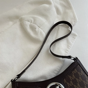 Retro dark brown underarm bag with M-letter print and silver metal ring buckle