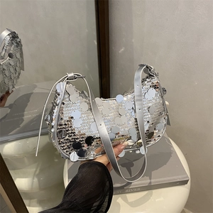 Women Sequin Underarm Bag Acrylic Shiny Metallic Half Moon Hobo Shoulder Purse Party Clubwear Y2K Fashion Accessory