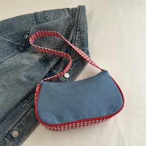 Mini blue denim underarm bag with red gingham trim for sweet casual fashion style