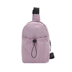 Minimalist light purple wrinkled nylon sling bag with adjustable black shoulder strap