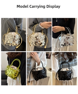 Dettaglio di borse a secchiello con paillettes in oro, argento, verde e nero con coulisse