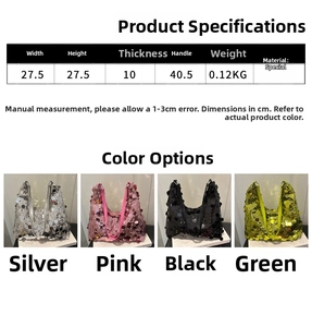 Detailed size chart and multi-color sequin shoulder bag options with specific dimensions