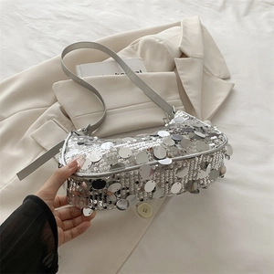 Silver sequin hobo bag for women with mirror finish and stylish shoulder strap