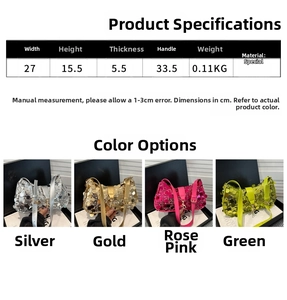 Detailed size chart and four color options for sequin crescent shoulder bag for women