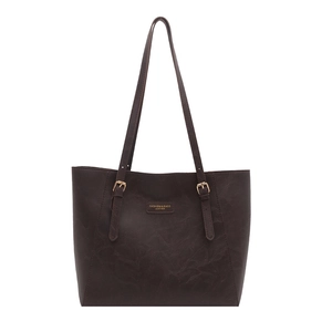 Large capacity dark brown PU leather tote bag with adjustable shoulder strap and gold buckle