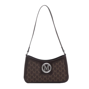 Vintage dark brown crossbody bag with letter print and silver M logo on white background