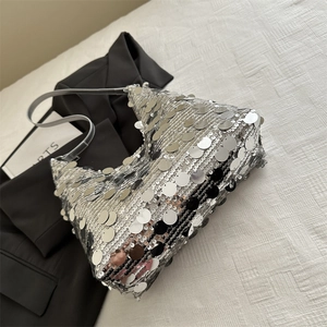 Sac hobo à paillettes argentées pour femmes avec disques et fine bandoulière