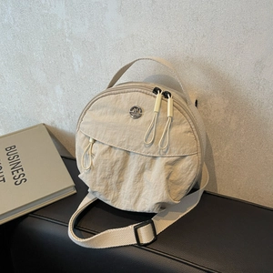 Women Round Crossbody Bag Nylon Fabric Lightweight Shoulder Bag With Top Handle And Adjustable Strap Double Zippers Casual Fashion