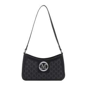 Chic black crescent underarm bag with M-letter pattern and silver metal logo on white background