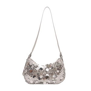 Silver sequin crescent shoulder bag with shiny metallic finish and slender strap