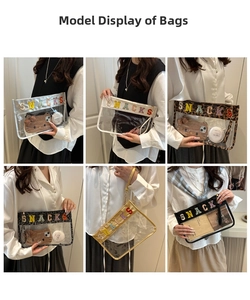 Detail of transparent PVC snack bag showing clear capacity and stylish sequin letter patches