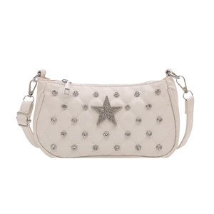 White quilted shoulder bag with rhinestones and star stud in chic French style