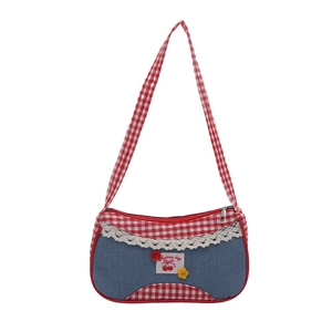 Retro red plaid and blue denim tote bag with cherry embroidery and lace detail