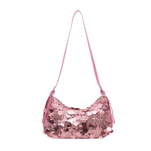 Chic pink sequin shoulder bag with large capacity and shiny reflective finish for women
