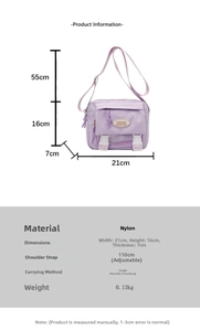 Detailed size chart for light purple nylon crossbody bag showing 21x16x7cm dimensions