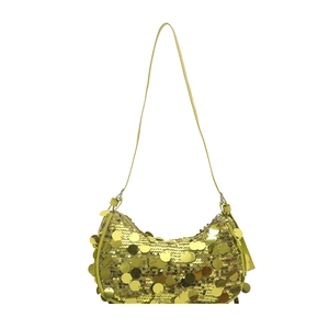 Chic lime green sequin shoulder bag with metallic round discs and leather strap