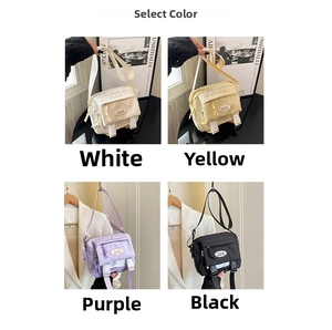 Detailed four-color selection view of nylon crossbody bags with double buckle and pockets