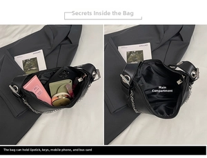 Internal view of black chain bag showing capacity for phone, wallet and cosmetics