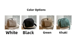 Crossbody bags shown in white, black, khaki, and green with adjustable fabric straps